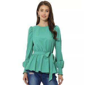 Women's Casual Work Top‎ Puffy Sleeve Round Neck Tie Waist Peplum Blouses Size S
